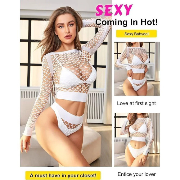 Rslove  Women Sexy Mesh Lingerie Fishnet Babydoll Free Size Bodysuit- White1 - Picture 2 of 5
